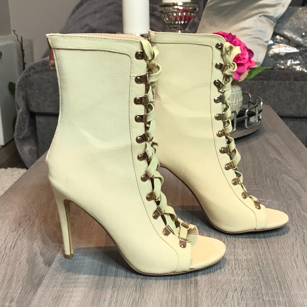 Beige lace up booties